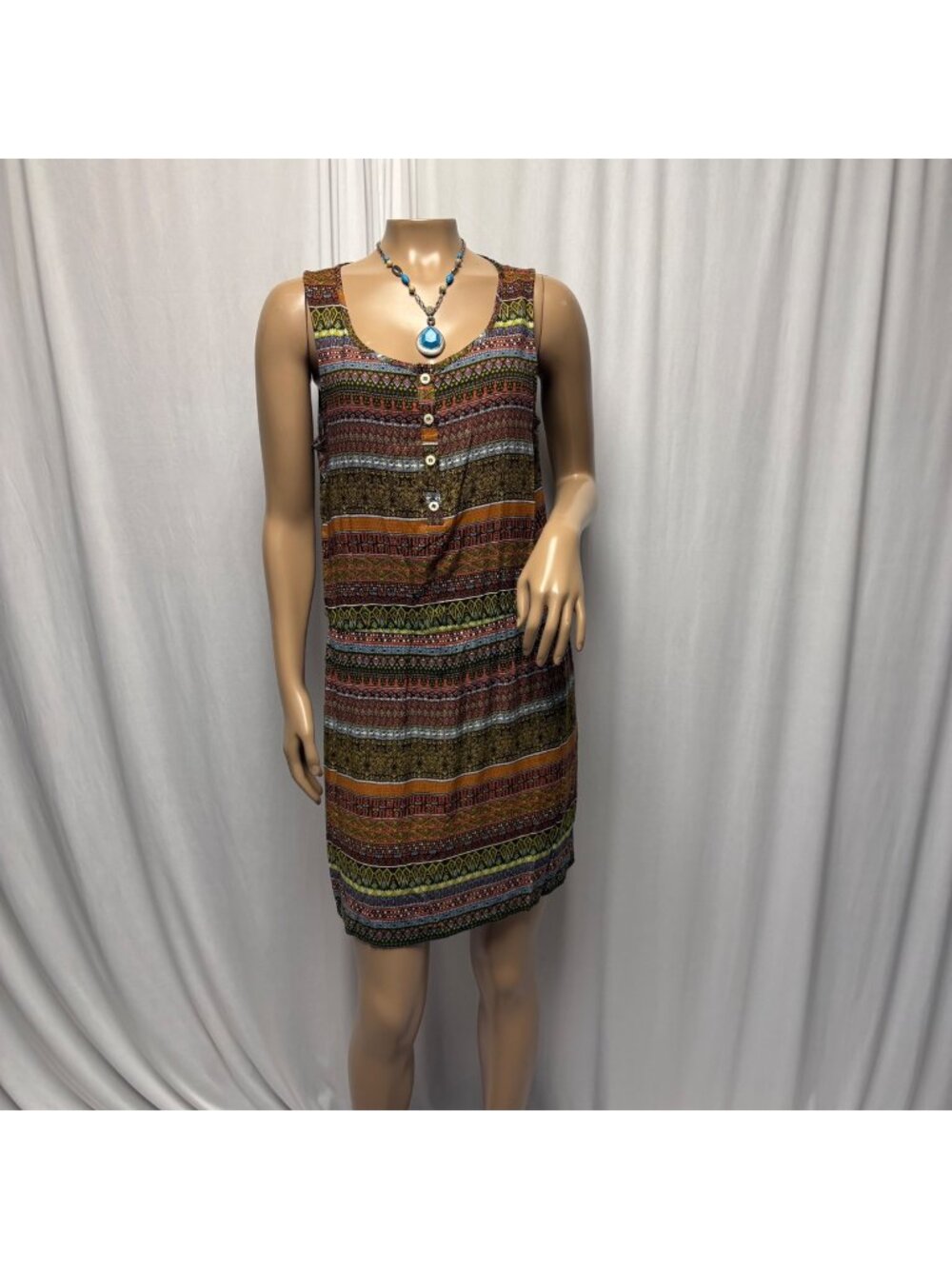 Glam Boho Rayon Dress Womens Medium Sleeveless Tribal Print Shift Casual Summer